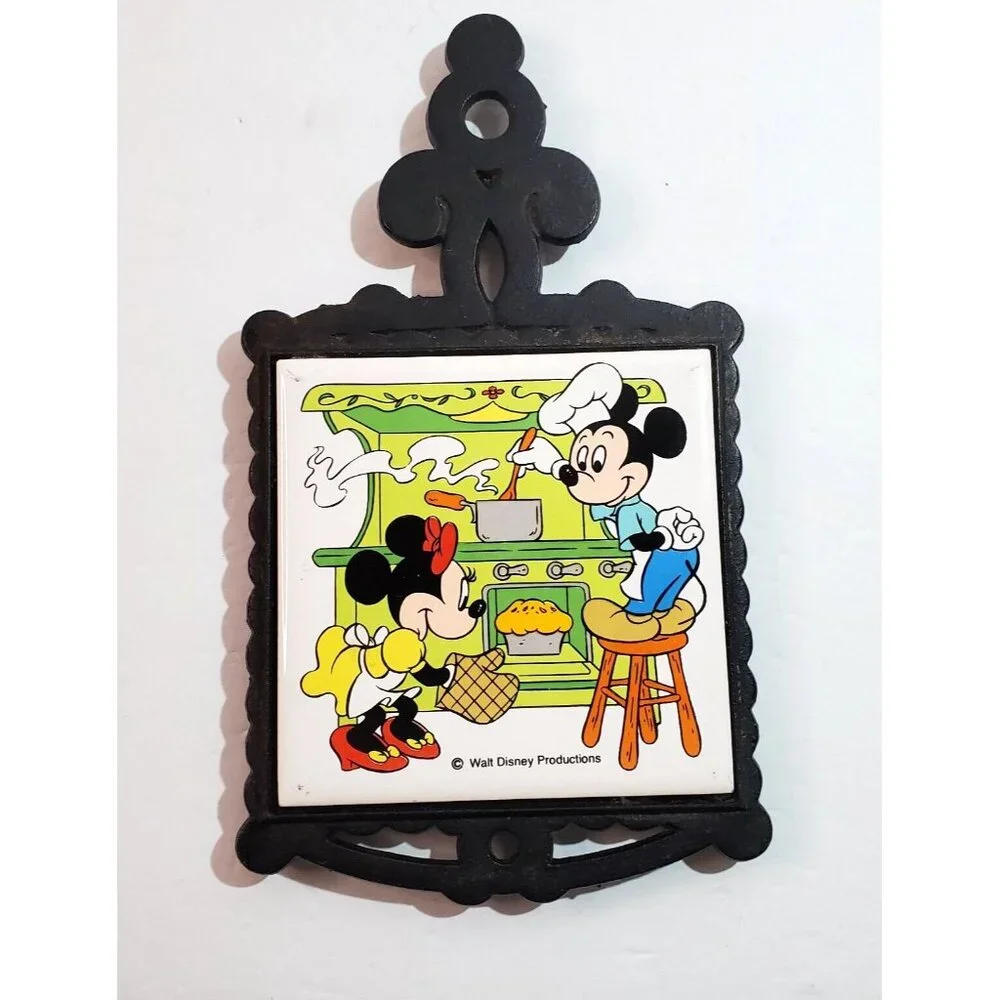 Vintage Japan Collectible Disney Mickey & Minnie Mouse Wrought Iron Tile Trivet